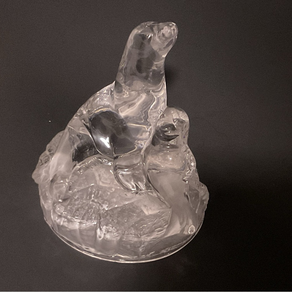 Lead Crystal Art Glass Seal & Baby Figure Small Statue Vintage ROYAL CRYSTAL